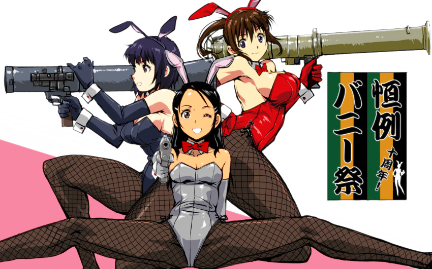 ;d animal_ears arm_behind_back armpits bare_shoulders bazooka black_hair blue_gloves blue_hair blue_leotard bow bowtie breasts brown_eyes brown_hair bunny_ears bunny_girl cleavage closed_mouth collarbone commentary_request detached_collar elbow_gloves fake_animal_ears fishnet_legwear fishnet_pantyhose fishnets forehead gloves grey_gloves grey_leotard groin gun hand_on_hip holding holding_gun holding_weapon large_breasts leotard long_hair medium_breasts multiple_girls nose one_eye_closed open_mouth original pantyhose purple_eyes red_bow red_gloves red_leotard red_neckwear short_hair sideboob sitting small_breasts smile spread_legs squatting standing strapless strapless_leotard thighs translation_request two-tone_background weapon wrist_cuffs yuya