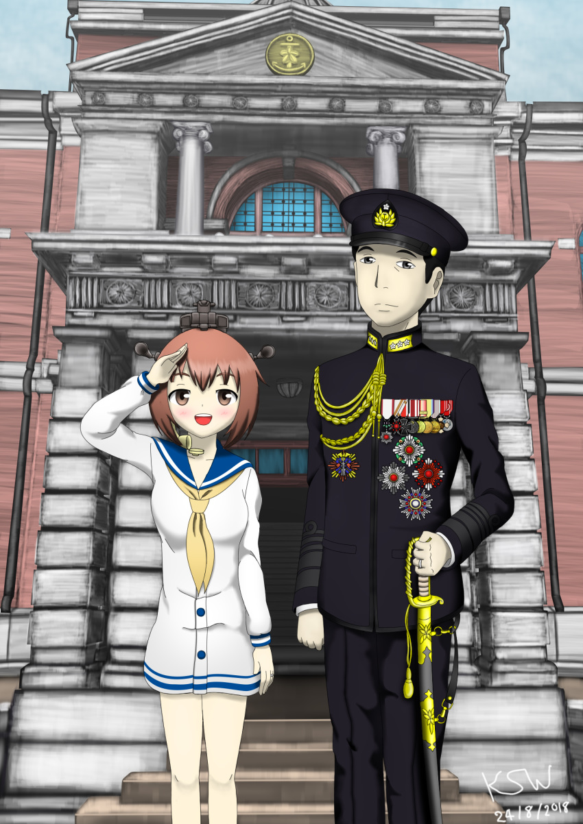 1boy 1girl admiral_(kantai_collection) aiguillette black_eyes black_hair brown_eyes brown_hair building couple dress gunto hat imperial_japanese_navy insignia jewelry kantai_collection katana kure_regional_district_headquarters kyu_gunto machinery medal military military_uniform peaked_cap ring sailor_dress school_uniform serafuku short_hair smile standing sword thai thailand uniform weapon yukikaze_(kantai_collection)