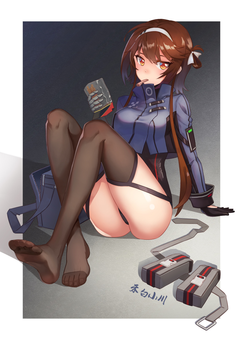 absurdres artist_name ass bag bangs black_gloves black_legwear brown_eyes brown_hair commentary_request feet food girls_frontline gloves hairband hebai_xiaochuan highres holding holding_food jacket jerky knees_up looking_at_viewer mouth_hold school_bag short_hair_with_long_locks sitting soles solo thighhighs thighs toes tsurime type_79_(girls_frontline)