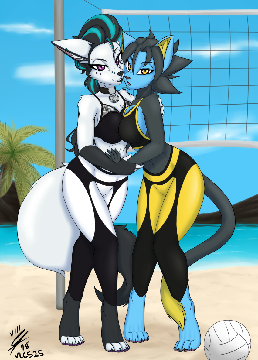 &clubs; 2018 4_toes 5_fingers anthro anthrofied arctic_fox beach beach_volleyball black_arms black_collar black_hair black_legs black_lips black_nose blue_fur bra breasts bridge_piercing canine cheek_tuft chest_tuft clothed clothing cyan_highlights detailed_background digital_media_(artwork) duo ear_piercing ellie_(vlc525) facial_piercing feline female fox front_view fur hair hi_res highlights inner_ear_fluff leggins long_hair looking_at_viewer luxray mammal nintendo nose_piercing open_mouth outside palm_tree paws piercing pointy_ears pok&eacute;mon pok&eacute;mon_(species) pok&eacute;morph purple_eyes sand seaside short_hair smile standing suit_symbol teeth toes tree tuft two_tone_tail underwear video_games violette_belle vlc525 white_fur yellow_eyes yellow_fur