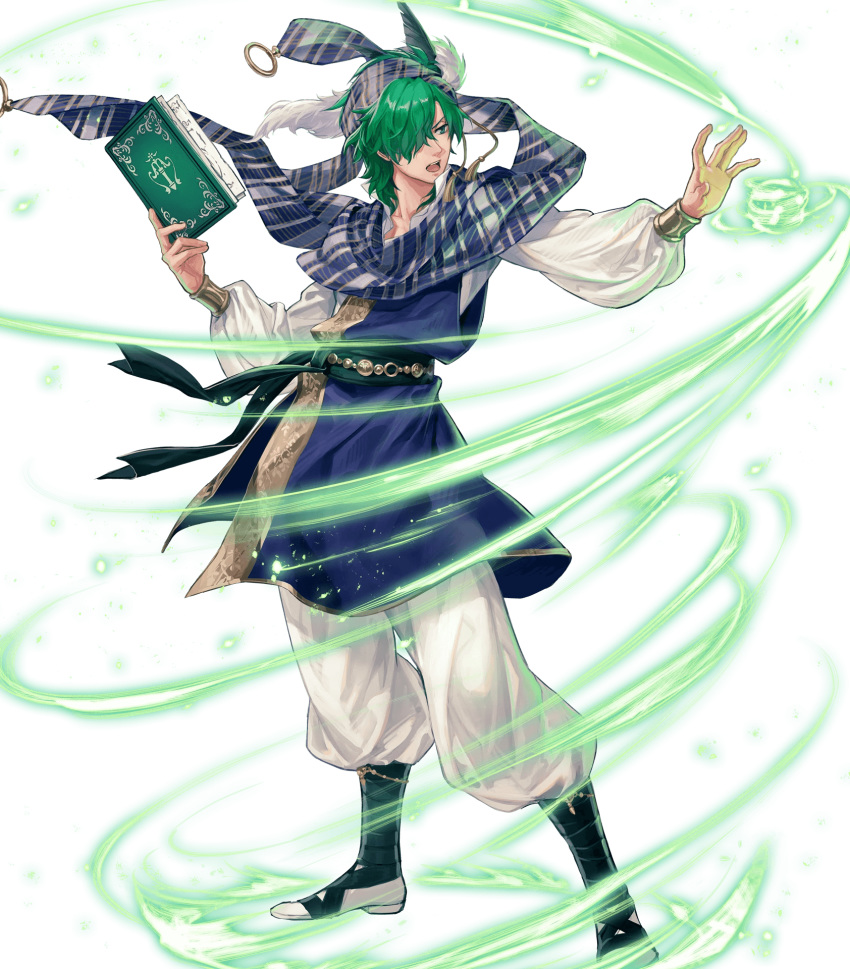 baggy_pants belt blue_headband blue_scarf book casting_spell collar collarbone commentary energy feathers fire_emblem fire_emblem:_seisen_no_keifu fire_emblem_heroes full_body green_eyes green_hair headband highres holding holding_book levin_(fire_emblem) lips male_focus medium_hair official_art open_mouth pants scarf solo striped striped_headband striped_scarf suda_ayaka teeth transparent_background visible_air white_pants wide_sleeves