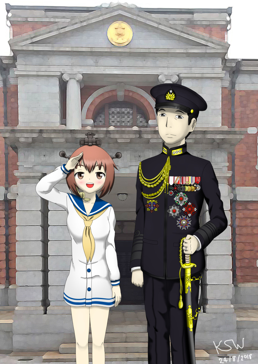 1boy 1girl admiral_(kantai_collection) aiguillette black_eyes black_hair brown_eyes brown_hair building couple dress gunto hat imperial_japanese_navy insignia jewelry kantai_collection katana kure_regional_district_headquarters kyu_gunto machinery medal military military_uniform peaked_cap ring sailor_dress school_uniform serafuku short_hair smile standing sword thai thailand uniform weapon yukikaze_(kantai_collection)