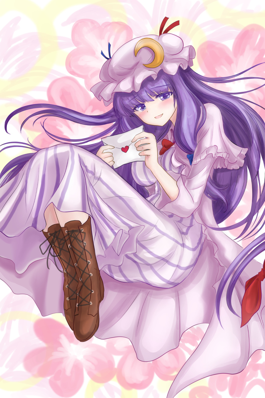 blue_bow blue_ribbon blush boots bow braid breasts bright_background brown_footwear capelet commentary crescent crescent_moon_pin cross-laced_footwear envelope eyebrows_visible_through_hair fetal_position floral_background hat heart highres lace-up_boots large_breasts letter long_hair looking_at_viewer love_letter namiki_(remiter00) open_mouth patchouli_knowledge purple_eyes purple_hair red_bow red_neckwear red_ribbon ribbon smile touhou very_long_hair