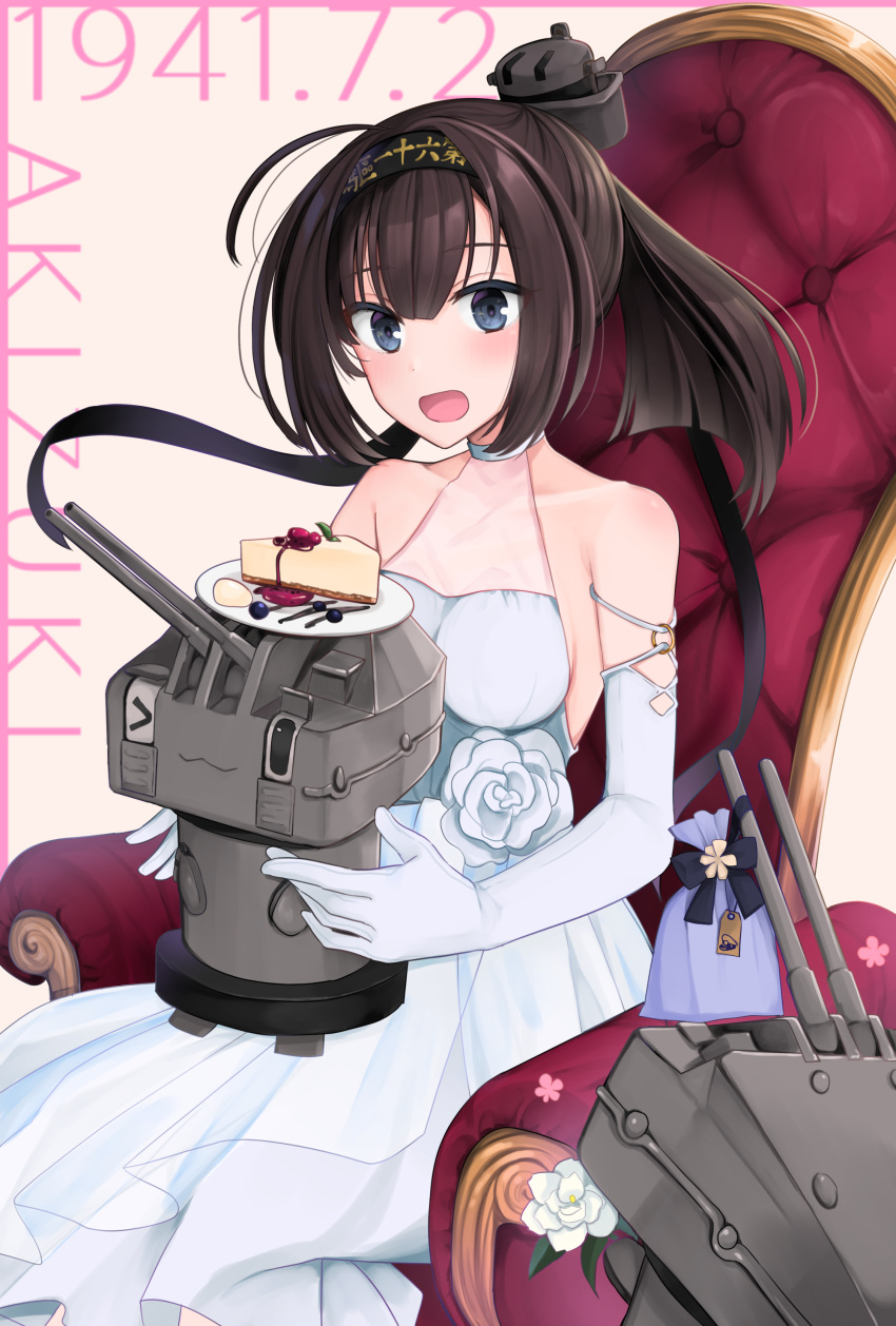 &gt;_o :d ;3 absurdres ahoge akizuki_(kantai_collection) alternate_costume bag bangs bare_shoulders black_hair black_ribbon blue_eyes blueberry breasts cake character_name chou-10cm-hou-chan clothes_writing collarbone dress elbow_gloves eyebrows_visible_through_hair flower food fruit gloves hachimaki halter_dress headband headgear highres kantai_collection long_hair looking_at_viewer medium_breasts on_lap one_eye_closed open_mouth plate ponytail ribbon rose sidelocks sitting sleeveless sleeveless_dress slice_of_cake smile throne turret white_dress white_flower white_gloves white_rose yunamaro