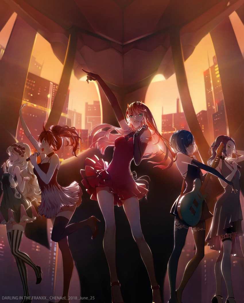absurdres arm_up bare_shoulders blonde_hair blue_hair chenaze57 chinese_commentary cityscape commentary_request darling_in_the_franxx dress elbow_gloves gloves green_eyes guitar highres horns ichigo_(darling_in_the_franxx) ikuno_(darling_in_the_franxx) instrument kokoro_(darling_in_the_franxx) long_hair microphone miku_(darling_in_the_franxx) multiple_girls pink_hair pointing purple_hair red_hair short_hair skyline smile stage thighhighs zero_two_(darling_in_the_franxx) zettai_ryouiki