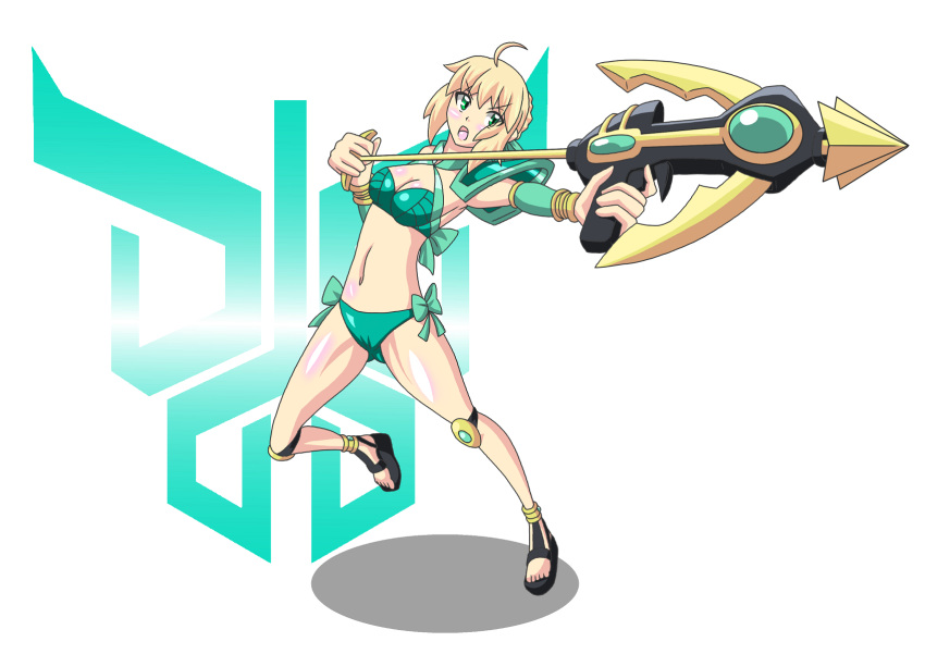 ahoge alternate_costume artoria_pendragon_(all) artoria_pendragon_(swimsuit_archer) blonde_hair braid buti-yu crossover fate/grand_order fate_(series) green_eyes hair_bun highres holding holding_weapon kamen_rider kamen_rider_kuuga kamen_rider_kuuga_(series) rider-tan sidelocks solo swimsuit weapon