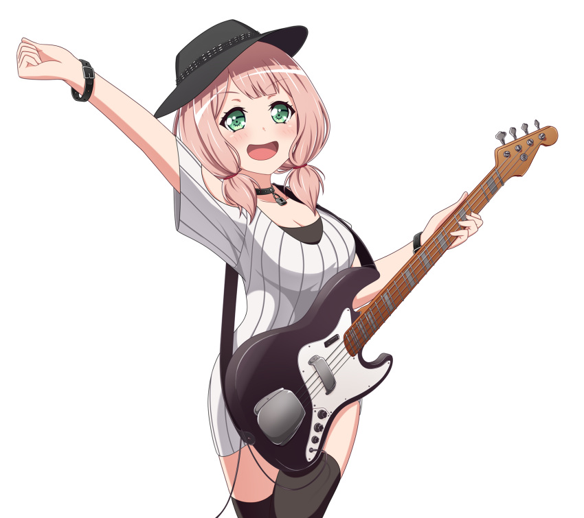 :d arm_up bang_dream! bangs bass_guitar black_choker black_hat black_legwear bracelet breasts choker cleavage clenched_hand eyebrows_visible_through_hair fender furou green_eyes guitar hair_tie hat highres instrument jewelry looking_at_viewer low_twintails open_mouth pink_hair short_sleeves short_twintails simple_background smile solo thighhighs twintails uehara_himari white_background