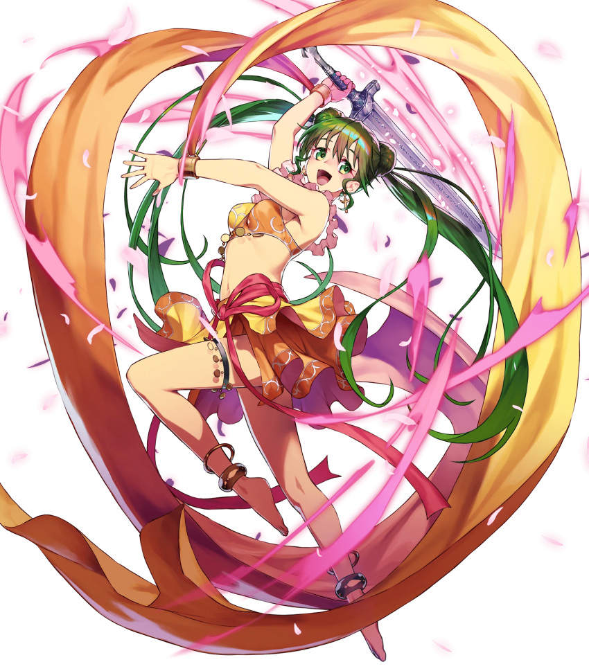 anklet arm_up bangs barefoot breasts choker cozy dancer double_bun earrings fire_emblem fire_emblem:_seisen_no_keifu fire_emblem_heroes full_body green_eyes green_hair highres holding holding_sword holding_weapon jewelry leg_up long_hair medium_breasts midriff navel official_art open_mouth shiny shiny_hair skirt smile solo sword sylvia_(fire_emblem) thigh_strap toes transparent_background twintails weapon