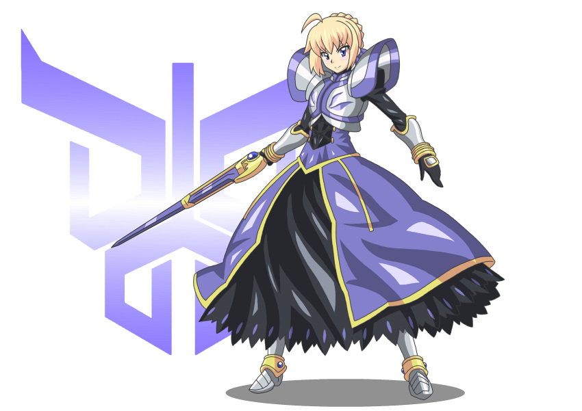 ahoge armor armored_boots armored_dress artoria_pendragon_(all) blonde_hair boots braid buti-yu crossover fate/stay_night fate_(series) gauntlets hair_bun highres holding holding_sword holding_weapon kamen_rider kamen_rider_kuuga kamen_rider_kuuga_(series) purple_eyes rider-tan saber shoulder_armor sidelocks solo sword weapon