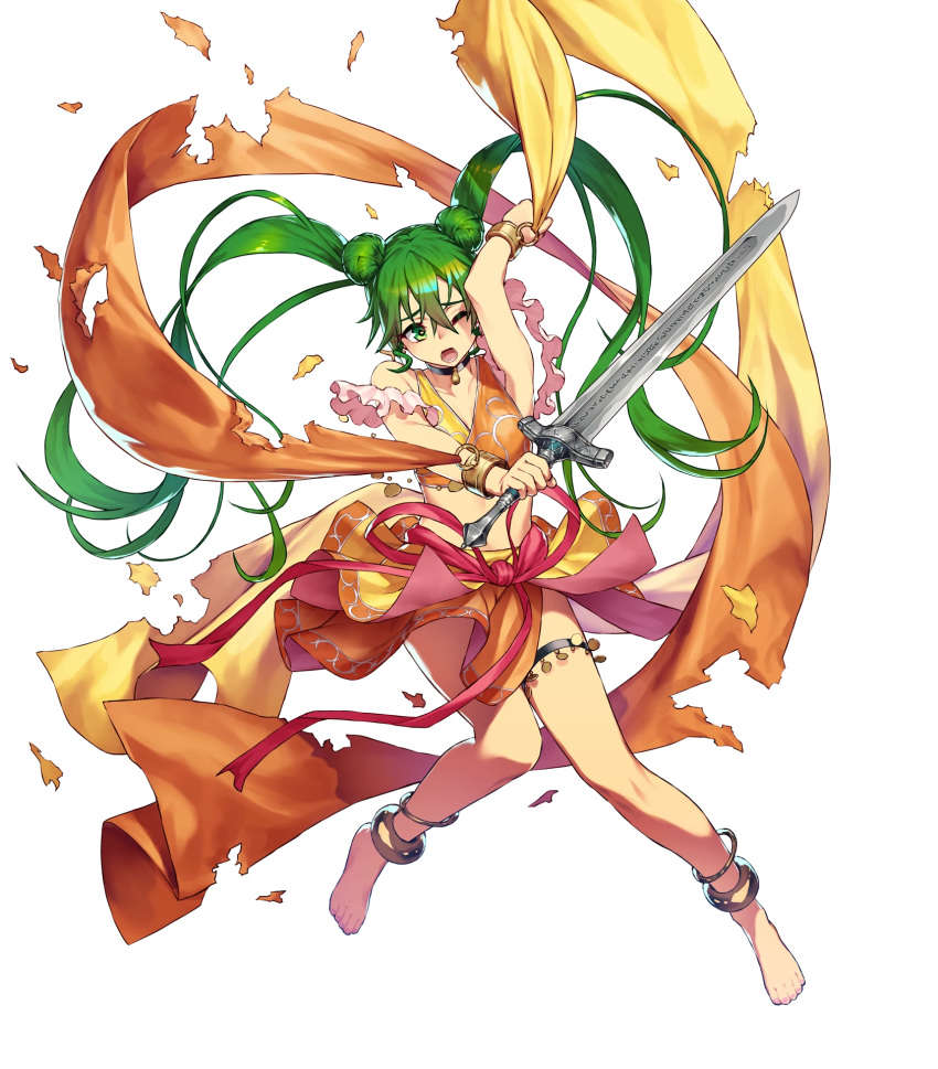 anklet arm_up bangs bare_shoulders barefoot breasts choker cozy dancer double_bun earrings fire_emblem fire_emblem:_seisen_no_keifu fire_emblem_heroes full_body green_eyes green_hair highres holding holding_sword holding_weapon jewelry long_hair medium_breasts midriff navel official_art one_eye_closed open_mouth shiny shiny_hair skirt solo sword sylvia_(fire_emblem) thigh_strap toes torn_clothes transparent_background twintails weapon