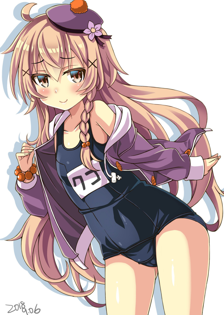 absurdres beads beret blonde_hair blush braid brown_eyes collarbone commentary_request dated flat_chest flower flower_knight_girl hair_beads hair_flower hair_ornament hat highres hihiirokane_m jacket kuko_(flower_knight_girl) long_hair looking_at_viewer one-piece_swimsuit school_swimsuit simple_background smile solo swimsuit