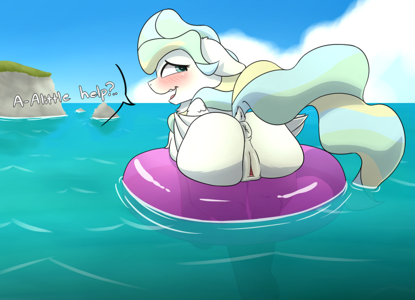 anus big_butt blush butt embarrassed equine female feral glue_(artist) hi_res inner_tube mammal my_little_pony pegasus pussy sea stuck text vapor_trail_(mlp) water wings