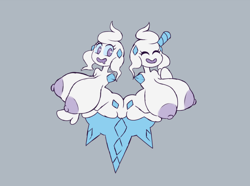 alternate_species anthro areola big_breasts breasts dessert elfdrago eyes_closed female female/female food huge_breasts humanoid humanoidized ice ice_cream icicle nintendo nipples not_furry nude open_mouth pok&eacute;mon pok&eacute;mon_(species) purple_nipples simple_background smile snow vanilluxe video_games white_body