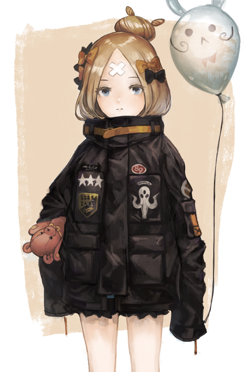abigail_williams_(fate/grand_order) absurdres balloon bangs black_bow black_jacket blonde_hair blue_eyes bow closed_mouth crossed_bandaids fate/grand_order fate_(series) fou_(fate/grand_order) hair_bow hair_bun heroic_spirit_traveling_outfit highres holding holding_balloon ito_(silva) jacket long_hair long_sleeves object_hug orange_bow parted_bangs sleeves_past_fingers sleeves_past_wrists solo star stuffed_animal stuffed_toy teddy_bear