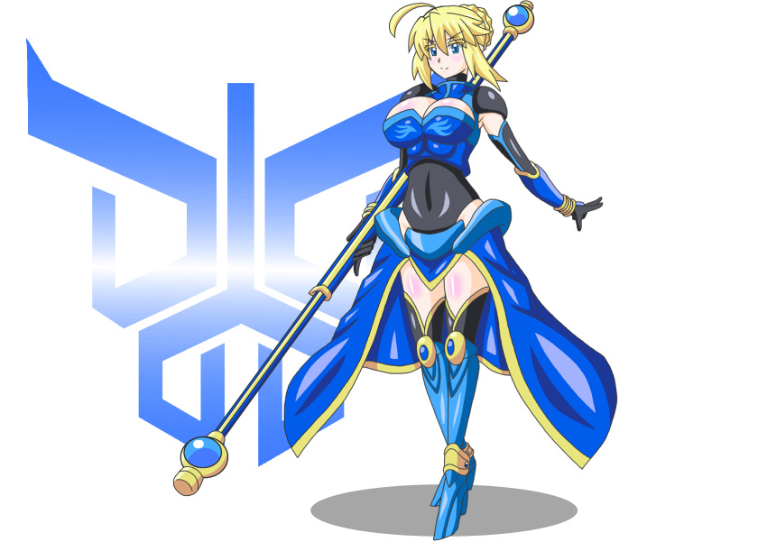 ahoge armor armored_dress artoria_pendragon_(all) artoria_pendragon_(lancer) blonde_hair blue_eyes braid breasts buti-yu crossover fate/grand_order fate_(series) gauntlets hair_bun highres holding holding_weapon kamen_rider kamen_rider_kuuga kamen_rider_kuuga_(series) large_breasts rider-tan sidelocks solo weapon