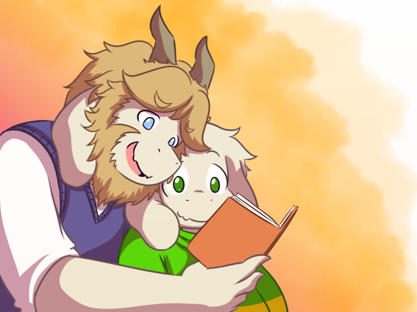 anthro asgore_dreemurr asriel_dreemurr azenzeph beard blue_eyes book boss_monster caprine child clothing coffeelemental duo facial_hair father father_and_son fur green_eyes long_ears male mammal parent reading smile son undertale video_games white_fur young