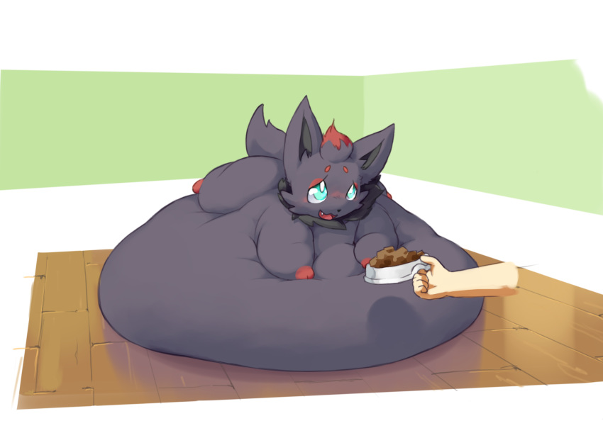 2018 ambiguous_gender belly big_belly blush bowl cute_fangs disembodied_hand dog_food feral food food_bowl hyper hyper_belly inside lying morbidly_obese nintendo obese on_front open_mouth overweight pok&eacute;mon pok&eacute;mon_(species) veiukket video_games zorua