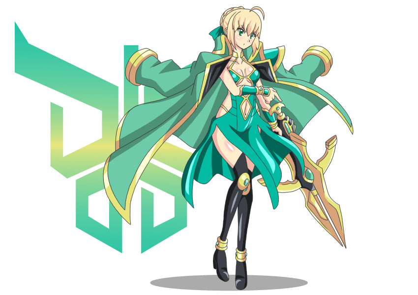 ahoge alternate_costume armor artoria_pendragon_(all) blonde_hair bow_(weapon) braid buti-yu crossbow crossover dress fate/stay_night fate_(series) green_dress green_eyes hair_bun hair_ribbon highres holding holding_weapon kamen_rider kamen_rider_kuuga kamen_rider_kuuga_(series) ribbon rider-tan saber sidelocks solo weapon