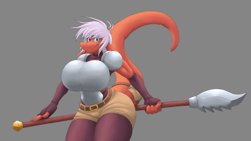 anthro big_breasts blue_eyes breasts clothed clothing female hair hi_res huge_breasts indynd looking_at_viewer red_knight_(sirphilliam) scalie smile solo standing thick_thighs voluptuous