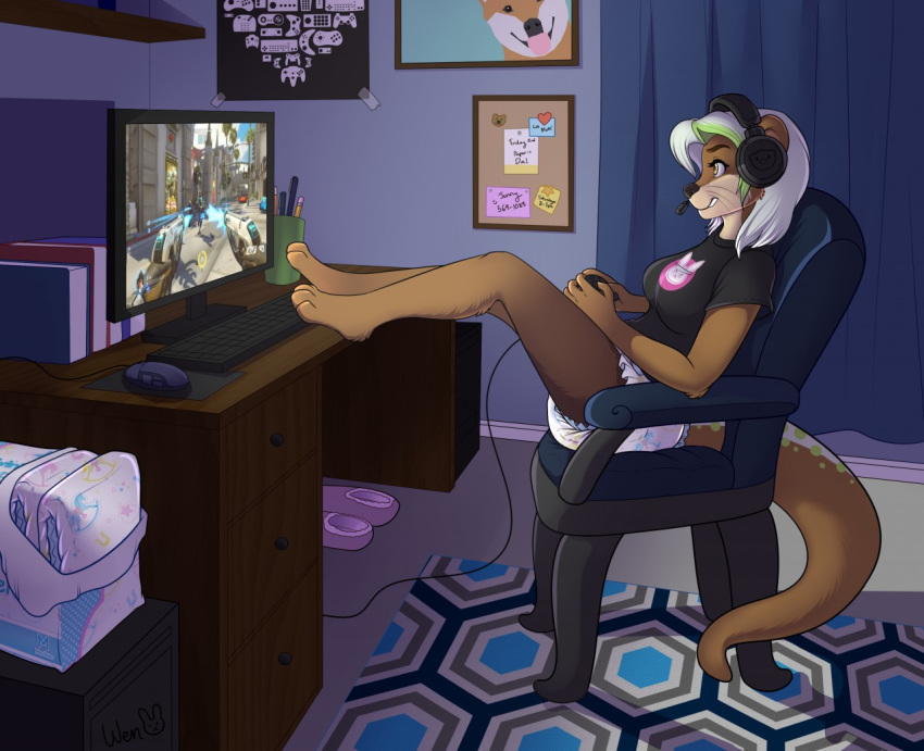 2017 anthro barefoot big_breasts biped book breasts carpet chair clothed clothing computer controller desk detailed detailed_background diaper eyebrows feet_on_desk female fully_clothed gaming hair headphones headset inside keyboard long_hair mammal monitor mustelid netto_(uk-brony) open_mouth otter shirt sitting slippers solo teeth video_games wen whiskers