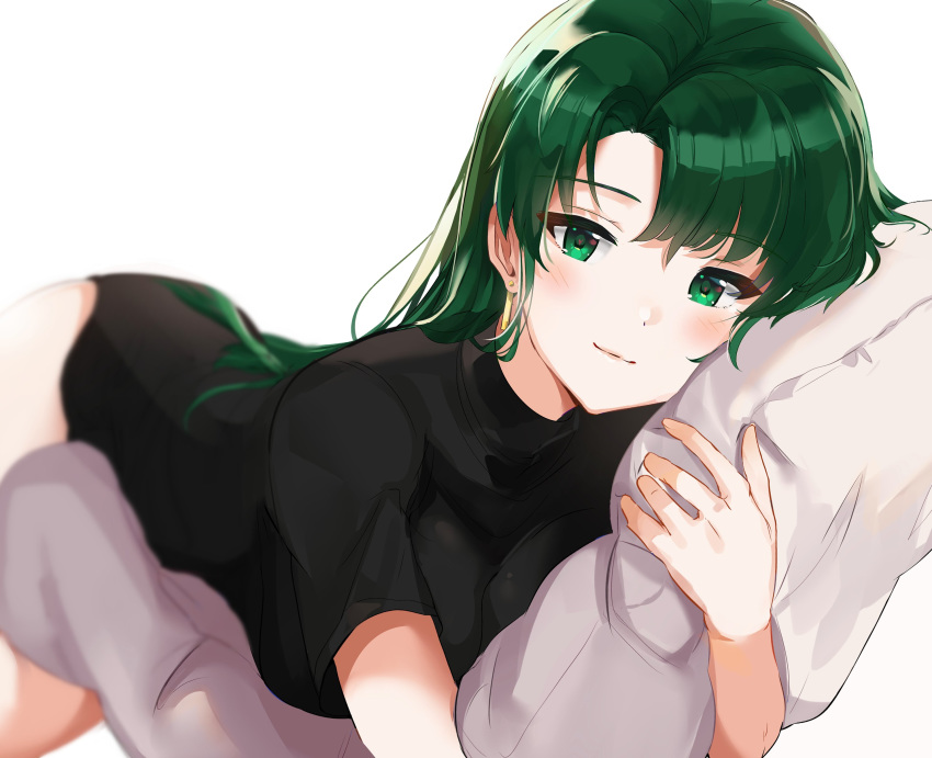 absurdres bed blush breasts dress fire_emblem fire_emblem:_rekka_no_ken fire_emblem_heroes green_eyes green_hair highres large_breasts long_hair looking_at_viewer lyndis_(fire_emblem) ormille pillow simple_background smile solo very_long_hair