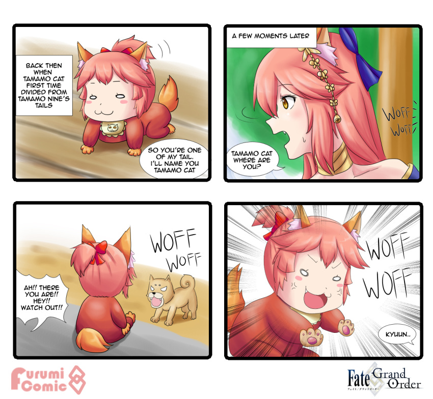 4koma :3 anger_vein animal animal_ear_fluff animal_ears baby barking comic commentary_request dog english fang fate/grand_order fate_(series) fox_ears fox_girl fox_tail hair_ribbon highres keita_naruzawa multiple_girls open_mouth paws pink_hair ponytail ribbon short_ponytail sitting speech_bubble tail tamamo_(fate)_(all) tamamo_cat_(fate) tamamo_no_mae_(fate) yellow_eyes younger