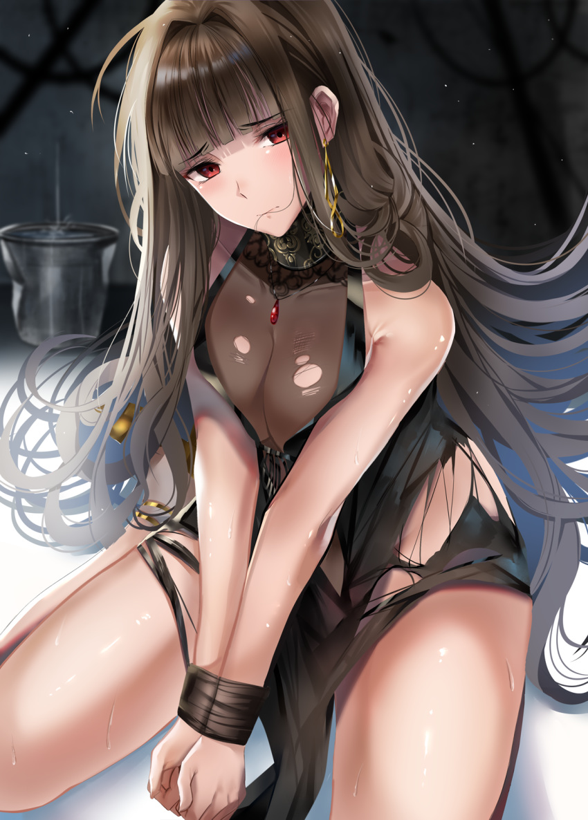 ahoge alternate_costume bangs bare_shoulders black_dress blunt_bangs blush bound bound_wrists breasts brown_hair bucket cleavage closed_mouth commentary dress dsr-50_(girls_frontline) earrings eyebrows_visible_through_hair floating_hair frown girls_frontline groin hair_in_mouth hair_ornament head_tilt highres jewelry large_breasts light_particles long_hair looking_at_viewer nikek96 no_panties red_eyes ruby_(stone) sidelocks sitting solo thighs torn_clothes torn_dress very_long_hair water_drop wet