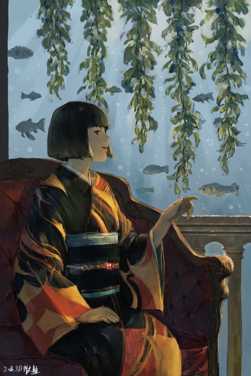 absurdres bangs black_kimono blunt_bangs bob_cut commentary_request couch dated fish from_side hand_on_lap highres japanese_clothes kimono long_sleeves obi original parted_lips sash seaweed short_hair signature smile solo wide_sleeves zennosuke