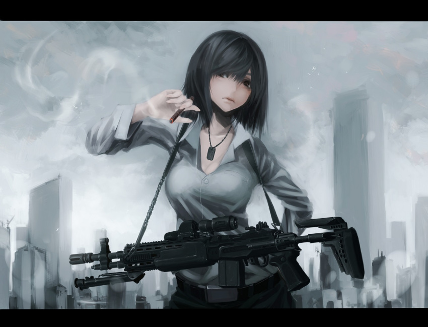 battle_rifle belt black_hair breasts building cigar city cleavage dog_tags gun holding koh_(minagi_kou) letterboxed lips looking_at_viewer m14 medium_breasts mk_14_ebr original revision rifle shirt skyscraper sling smoke solo taut_clothes taut_shirt weapon white_shirt