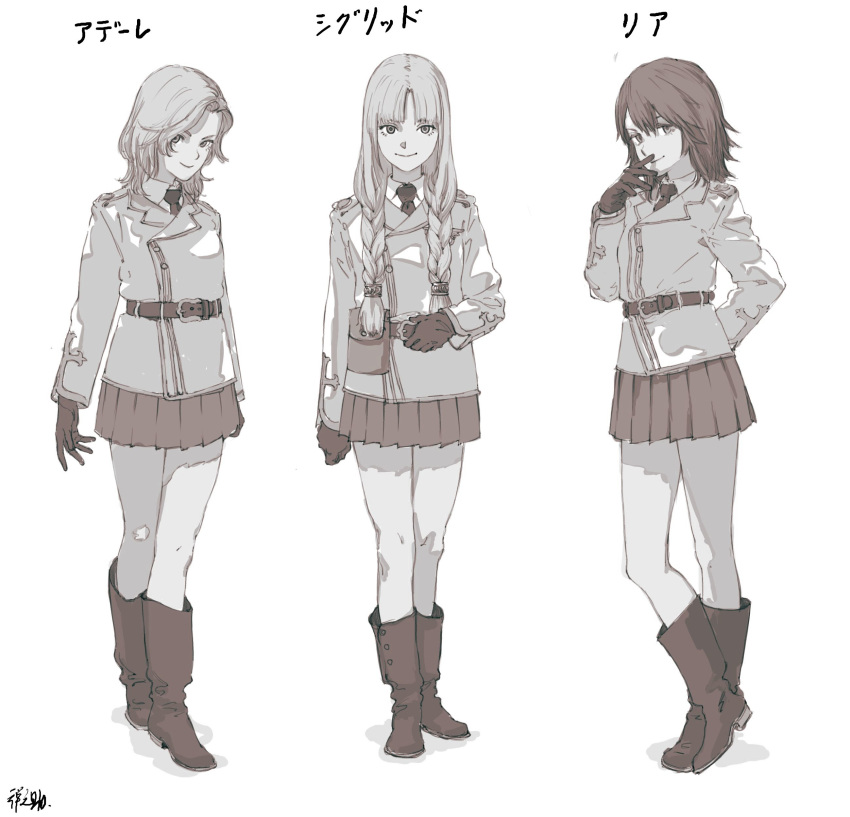 absurdres belt boots braid character_name closed_mouth collared_shirt commentary_request contrapposto girls_und_panzer hair_over_shoulder highres jacket long_hair long_sleeves looking_at_viewer multiple_girls muted_color necktie original pleated_skirt pouch shirt short_hair signature skirt smile standing translated twin_braids wing_collar zennosuke