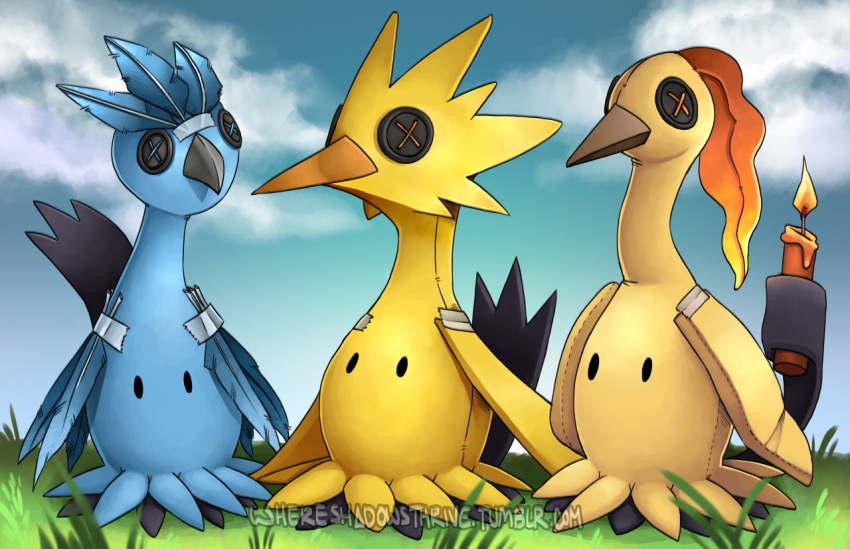 2016 ambiguous_gender articuno cloud cosplay feral front_view grass group legendary_birds legendary_pok&eacute;mon legendary_trio mimikyu moltres nintendo outside pok&eacute;mon pok&eacute;mon_(species) url video_games watermark whereshadowsthrive zapdos