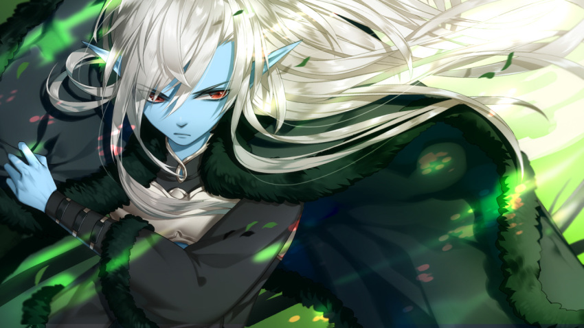 aqua_skin bishounen commentary day english_commentary fantasy fur-trimmed_sleeves fur_trim khirel long_hair long_sleeves male_focus outdoors pointy_ears red_eyes serious silver_trim soccer_spirits solo tooaya upper_body v-shaped_eyebrows very_long_hair wide_sleeves wind wind_lift