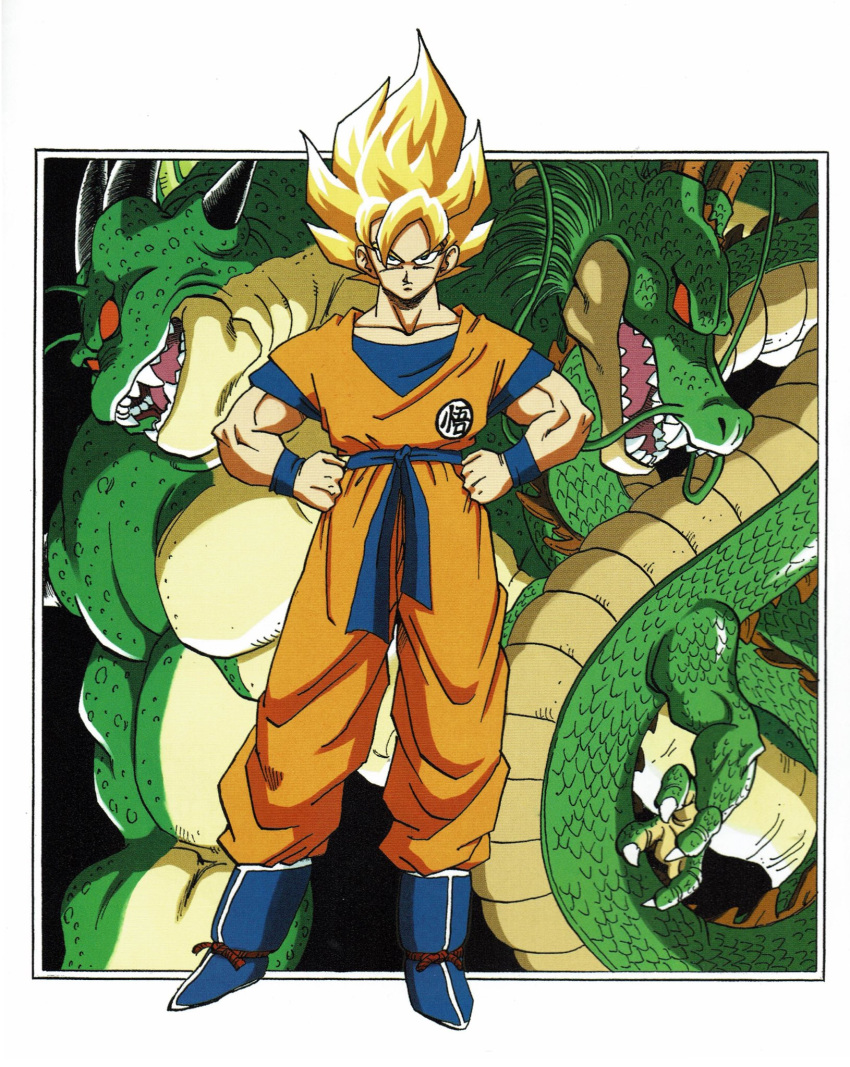 blonde_hair boots clenched_hands clothes_writing dougi dragon dragon_ball dragon_ball_z full_body hand_on_hip highres looking_at_viewer male_focus official_art outside_border porunga red_eyes serious shenlong_(dragon_ball) short_hair simple_background son_gokuu spiked_hair super_saiyan toriyama_akira white_background wristband