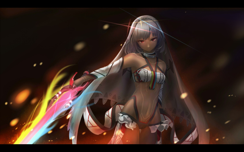 altera_(fate) bangs bare_shoulders blunt_bangs breasts choker closed_mouth collarbone commentary dark_skin detached_sleeves fate/extella fate/extra fate_(series) full_body_tattoo headdress highres hips holding holding_weapon jewelry lancefate looking_at_viewer midriff navel photon_ray red_eyes revealing_clothes short_hair showgirl_skirt skirt small_breasts solo sword tan tattoo thighs veil weapon white_hair