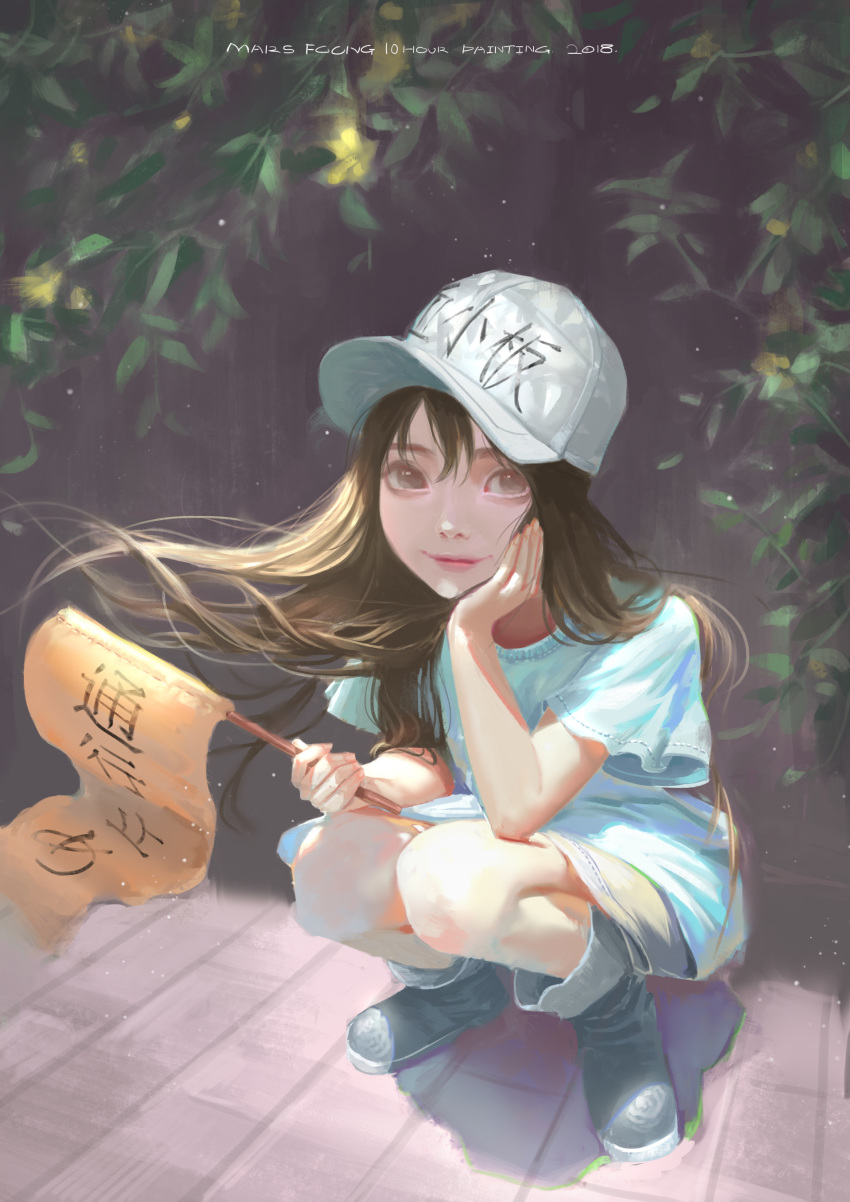 absurdres artist_name baseball_cap blue_shirt boots brown_eyes brown_hair chin_rest clothes_writing commentary_request dated flag grey_hat hat hataraku_saibou highres holding holding_flag long_hair looking_at_viewer mars_foong platelet_(hataraku_saibou) realistic shirt solo squatting