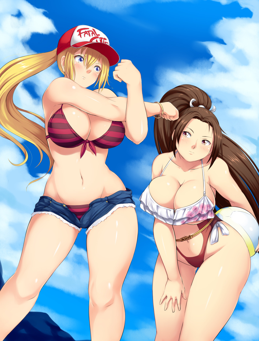 absurdres alternate_costume ball bare_shoulders beachball bikini blonde_hair blue_eyes blue_sky blush bracelet breasts brown_eyes brown_hair cleavage clenched_hands closed_mouth cloud collarbone commentary_request crossed_arms day denim denim_shorts eyebrows_visible_through_hair frilled_bikini frills genderswap genderswap_(mtf) hair_between_eyes hand_on_own_thigh hat high_ponytail highres holding_beachball jewelry large_breasts leaning_forward legs long_hair midriff multiple_girls navel ponytail shiny shiny_skin shiranui_mai short_shorts shorts sky snk snk_heroines:_tag_team_frenzy stretch striped_bikini_top swimsuit terry_bogard thighs unbuttoned yomitrooper