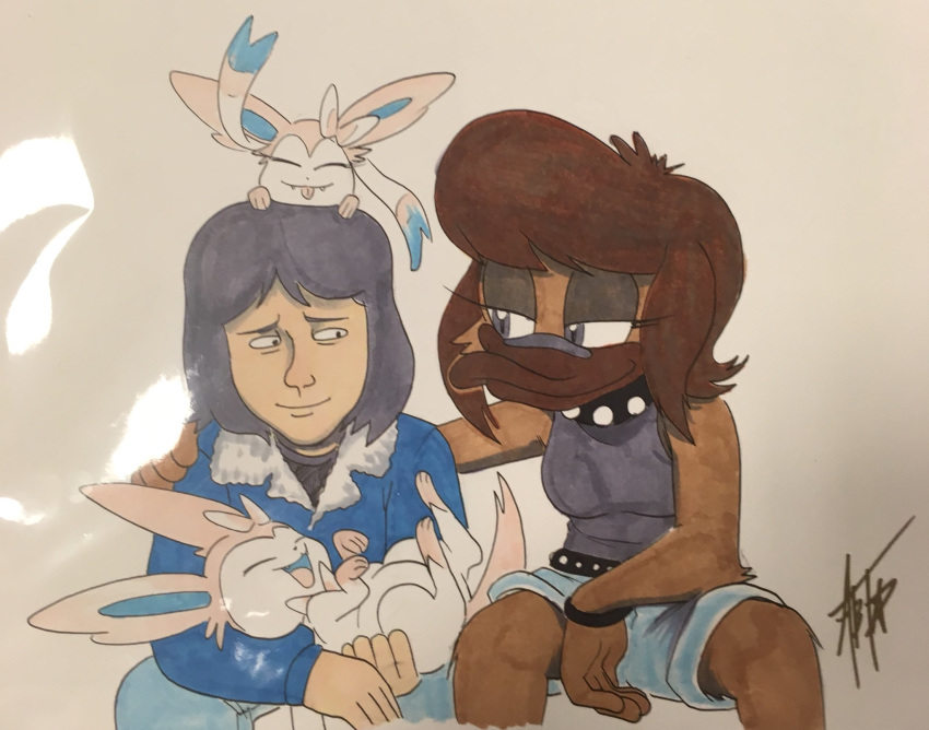 2018 adam_bryce_thomas ambiguous_gender anthro brown_eyes brown_fur brown_hair clothing eeveelution f_is_for_family female feral fur group hair human itoruna_the_platypus kevin_(f_is_for_family) kevin_murphy male mammal monotreme nintendo platypus pok&eacute;mon pok&eacute;mon_(species) ribbons sonic_(series) sonic_the_hedgehog sylveon traditional_media_(artwork) video_games