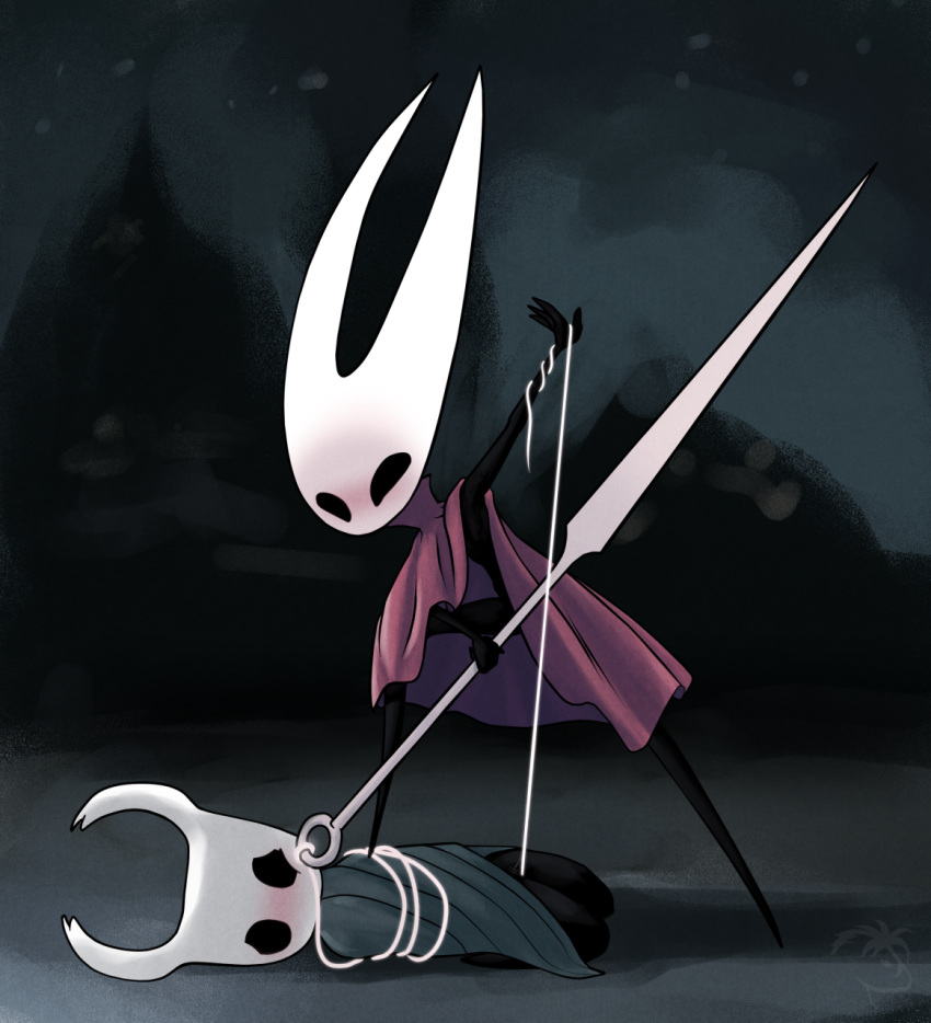 bdsm black_eyes blush bondage bottomless bound breasts caedere cloak clothed clothing dark_skin domination duo embarrassed female female/female female_domination hollow_knight hollow_knight_(species) hornet_(hollow_knight) needle nipples protagonist_(hollow_knight) pussy pussy_juice thread weapon