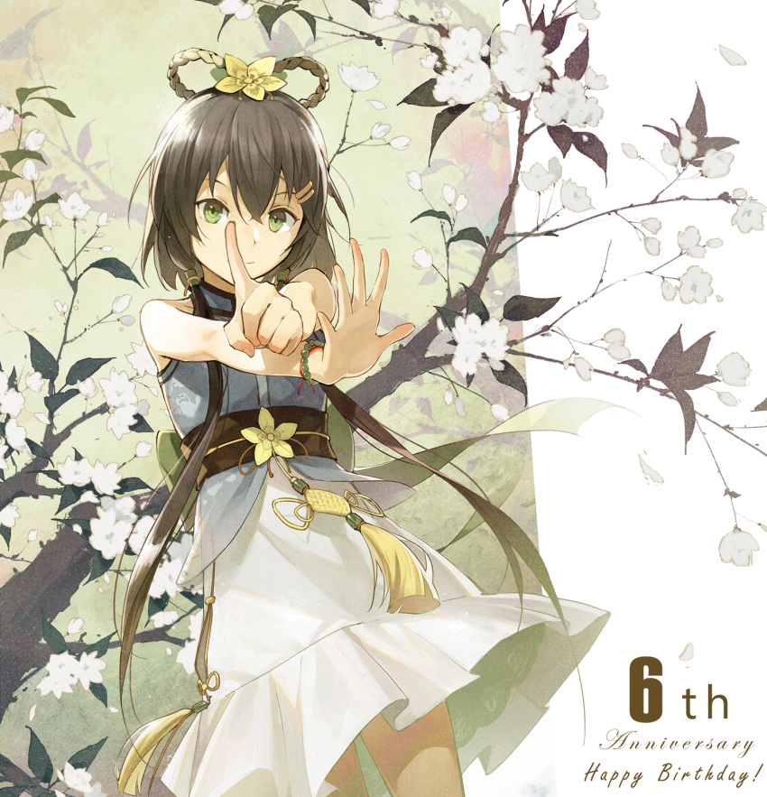 black_hair bracelet closed_mouth eyebrows_visible_through_hair flower green_eyes hair_flower hair_ornament hairclip happy_birthday highres index_finger_raised jewelry kieed long_hair looking_at_viewer luo_tianyi solo twintails vocaloid vocanese