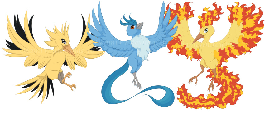 2016 alpha_channel ambiguous_gender articuno feral front_view group legendary_birds legendary_pok&eacute;mon legendary_trio moltres nintendo okamiwhitewings pok&eacute;mon pok&eacute;mon_(species) simple_background transparent_background video_games watermark wings zapdos