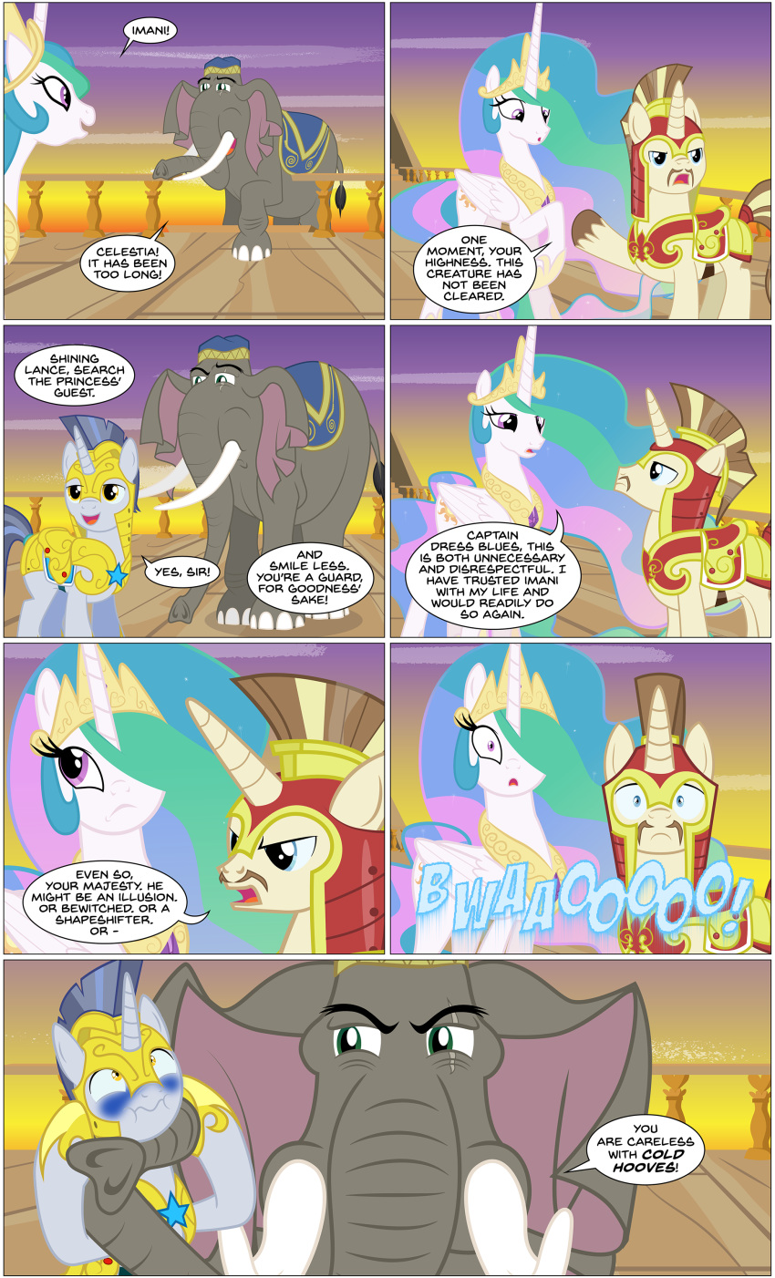 2018 2019 absurd_res aircraft airship armor clothed clothing comic elephant equine fan_character female friendship_is_magic hi_res horn imani_(oc) male mammal mlp-silver-quill my_little_pony princess_celestia_(mlp) proboscidean royal_guard_(mlp) strangling unicorn winged_unicorn wings