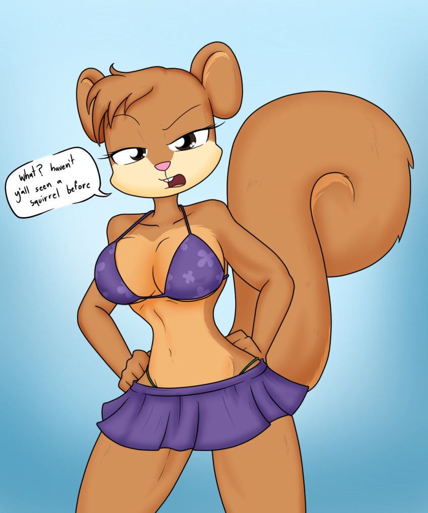2016 annoyed anthro athletic bikini blue_background breasts brown_fur clothed clothing dialogue digital_drawing_(artwork) digital_media_(artwork) english_text female fur g-string half-closed_eyes hands_on_hips head_tuft hi_res looking_at_viewer mammal midriff navel nickelodeon nipple_bulge open_mouth pink_nose rodent sandy_cheeks simple_background skimpy skirt solo speech_bubble spongebob_squarepants squirrel standing string_bikini swimsuit text theoretical-chaos tuft unamused under_boob underwear