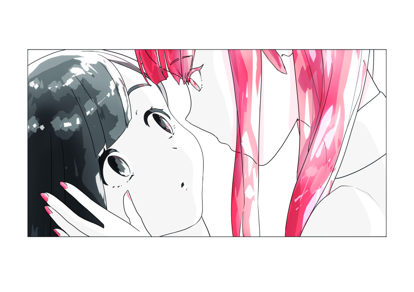 2others absurdres androgynous black_eyes black_hair colored_eyelashes crystal_hair eyebrows_visible_through_hair face-to-face hand_on_another's_face highres houseki_no_kuni looking_at_another multiple_others obsidian_(houseki_no_kuni) red_beryl_(houseki_no_kuni) red_eyes red_hair white_skin