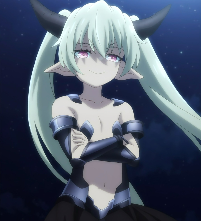 demon_horns elbow_gauntlets green_hair highres horns isekai_maou_to_shoukan_shoujo_dorei_majutsu krebskrum pointy_ears purple_eyes screencap solo stitched third-party_edit twintails