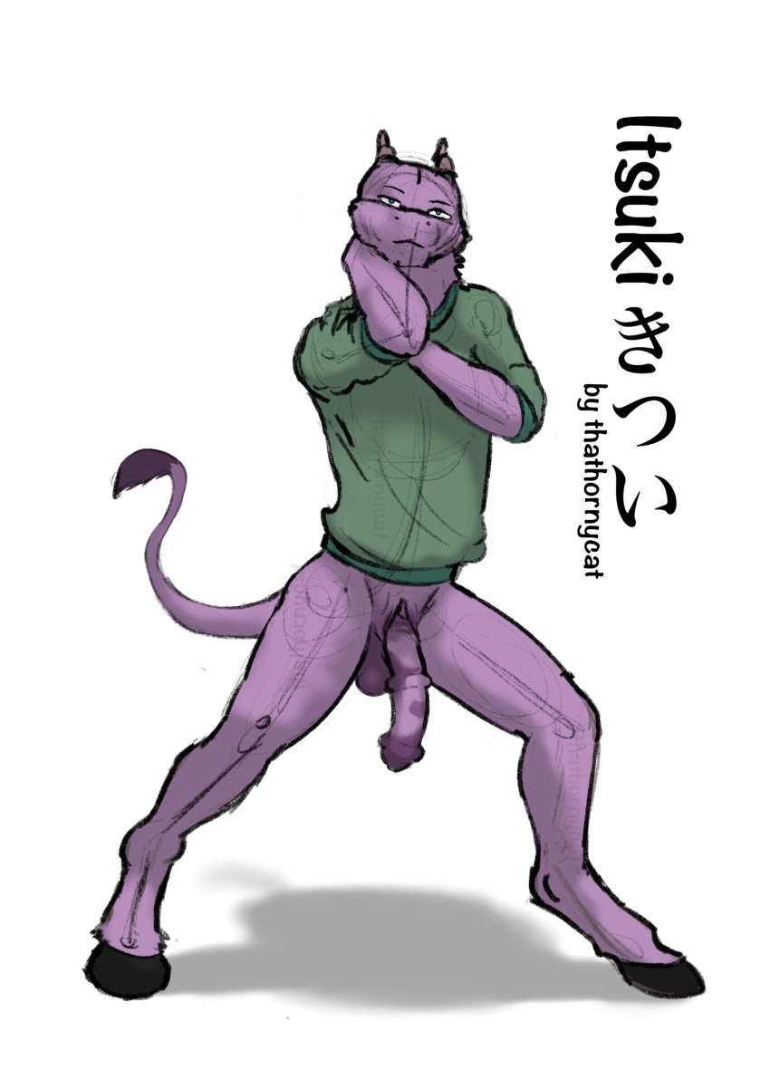 animal_genitalia animal_penis anthro balls colored dick_out feral horn itsuki_(いつき) male outside penis pullover shaded simple_background solo standing thathornycat