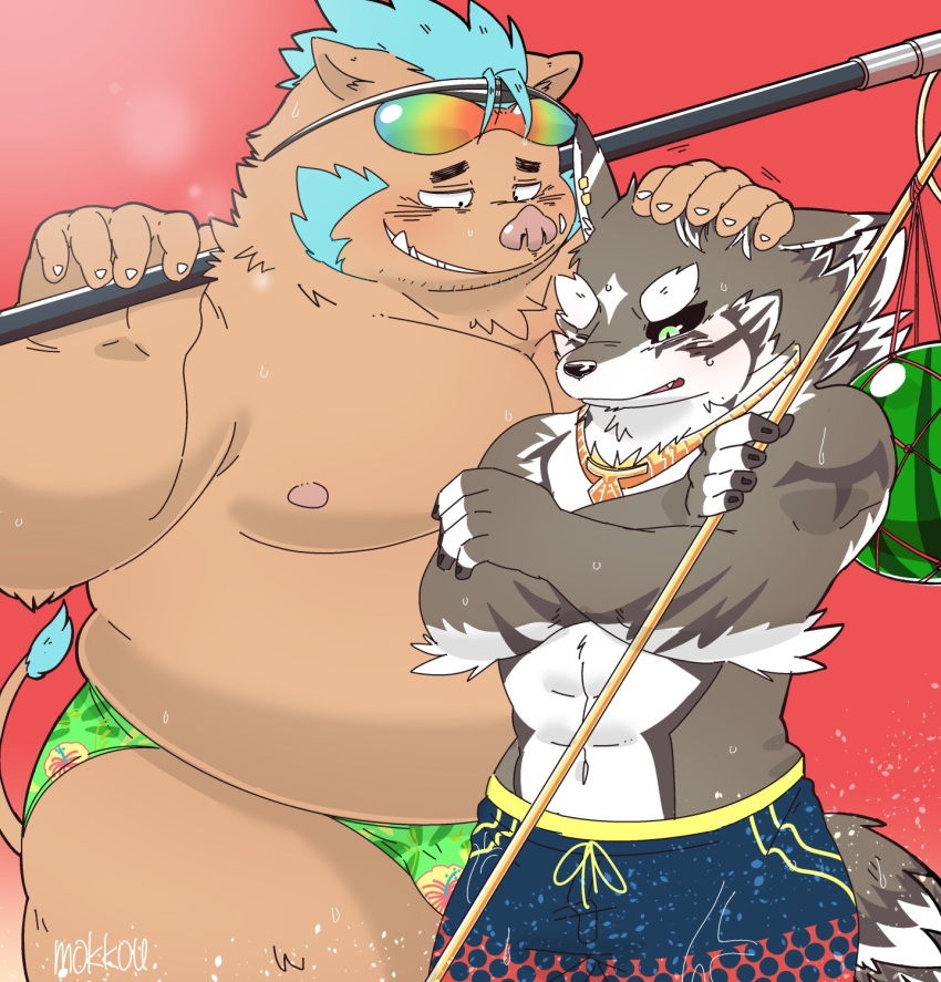 2018 anthro belly blush boar bulge canine duo eyewear gouryou humanoid_hands male mammal mohawk moobs muscular nipples overweight overweight_male porcine red_background seth_(tas) simple_background sunglasses sweat tokyo_afterschool_summoners uokkom