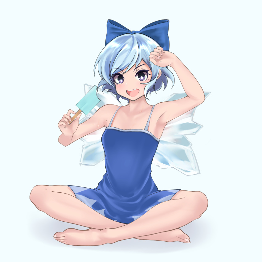 absurdres arm_up armpits blue_background blue_bow blue_eyes blue_hair blue_swimsuit bow cirno food full_body hair_bow highres holding holding_food ice ice_wings indian_style inoshin_(inixia1748) one-piece_swimsuit open_mouth popsicle short_hair simple_background sitting solo spaghetti_strap sweat swimsuit touhou wings