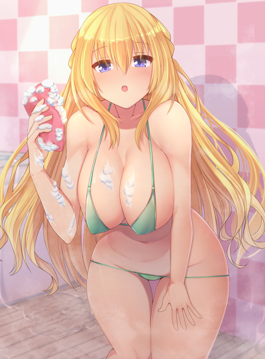bare_shoulders bathroom bikini blonde_hair blue_eyes blush breasts cleavage dura hair_ornament highres large_breasts long_hair looking_at_viewer navel neptune_(series) open_mouth smile soap solo swimsuit vert very_long_hair