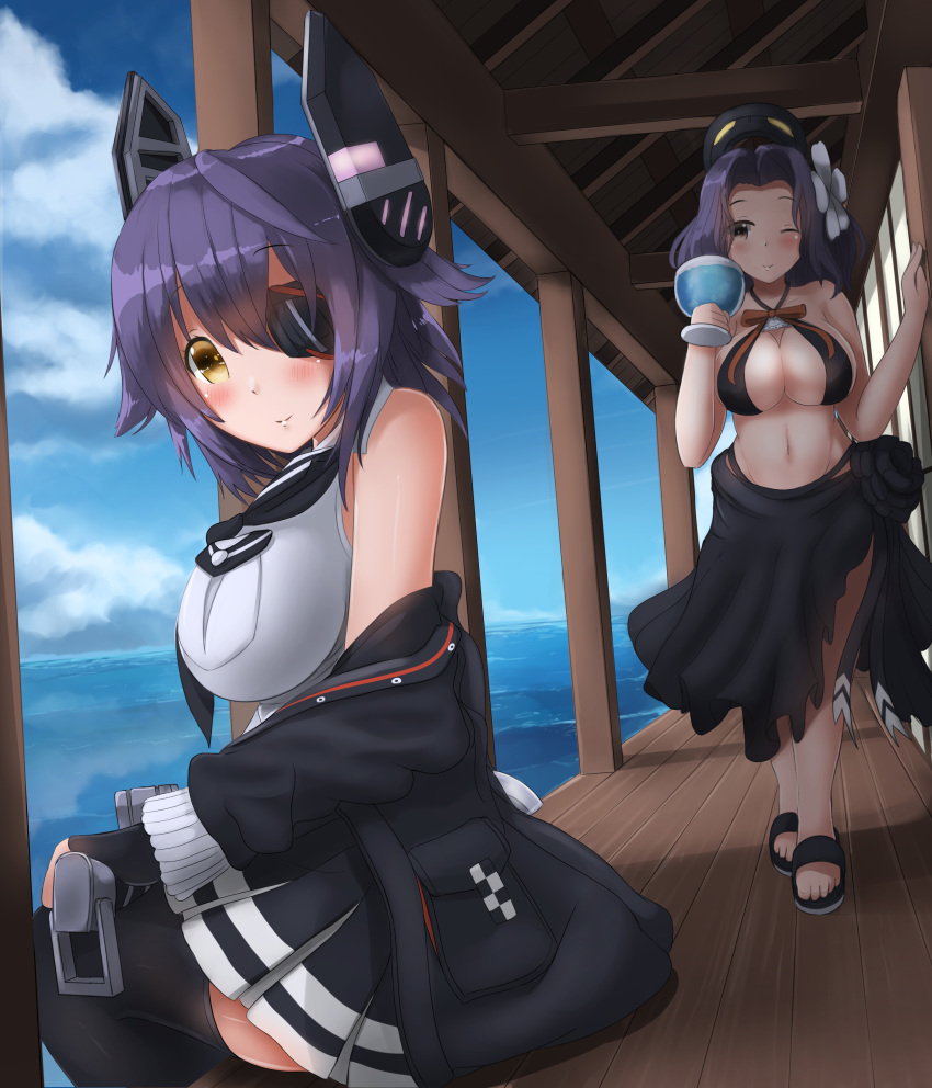 absurdres bikini black_bikini black_sarong blush commentary_request day eyepatch flower hair_flower hair_ornament headgear highres jacket kantai_collection light_smile looking_at_viewer loose_necktie mechanical_halo multiple_girls necktie ocean off_shoulder one_eye_closed purple_hair redundant-cat remodel_(kantai_collection) sandals sarong short_hair swimsuit tatsuta_(kantai_collection) tenryuu_(kantai_collection) yellow_eyes
