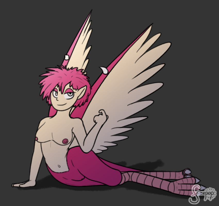 animal_humanoid avian avian_humanoid beckoning breasts feathers female fizzpop harpy humanoid looking_at_viewer lying nude pussy simple_background solo sugoro_quest video_games wings